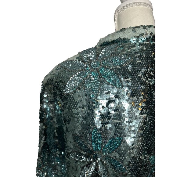 GENE SHELLY'S International Boutique Vintage 100% Wool Blue Sequin Jacket Sz 10 - Picture 9 of 14